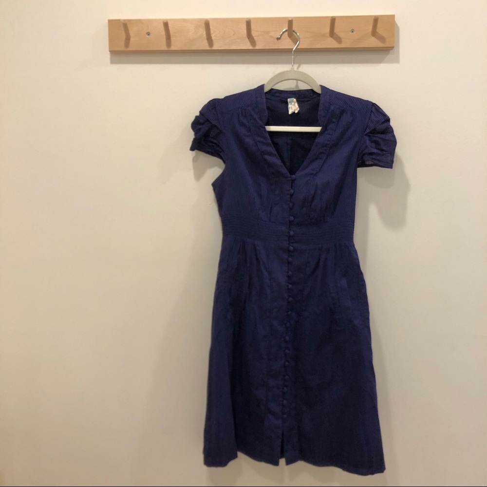 Maeve blue shirtdress with front buttons, cap sleeves, and ruched waist